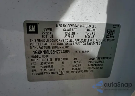 2017 GMC Acadia Slt-1 z USA, uszkodzony, nr VIN 1GKKNMLS3HZ244865